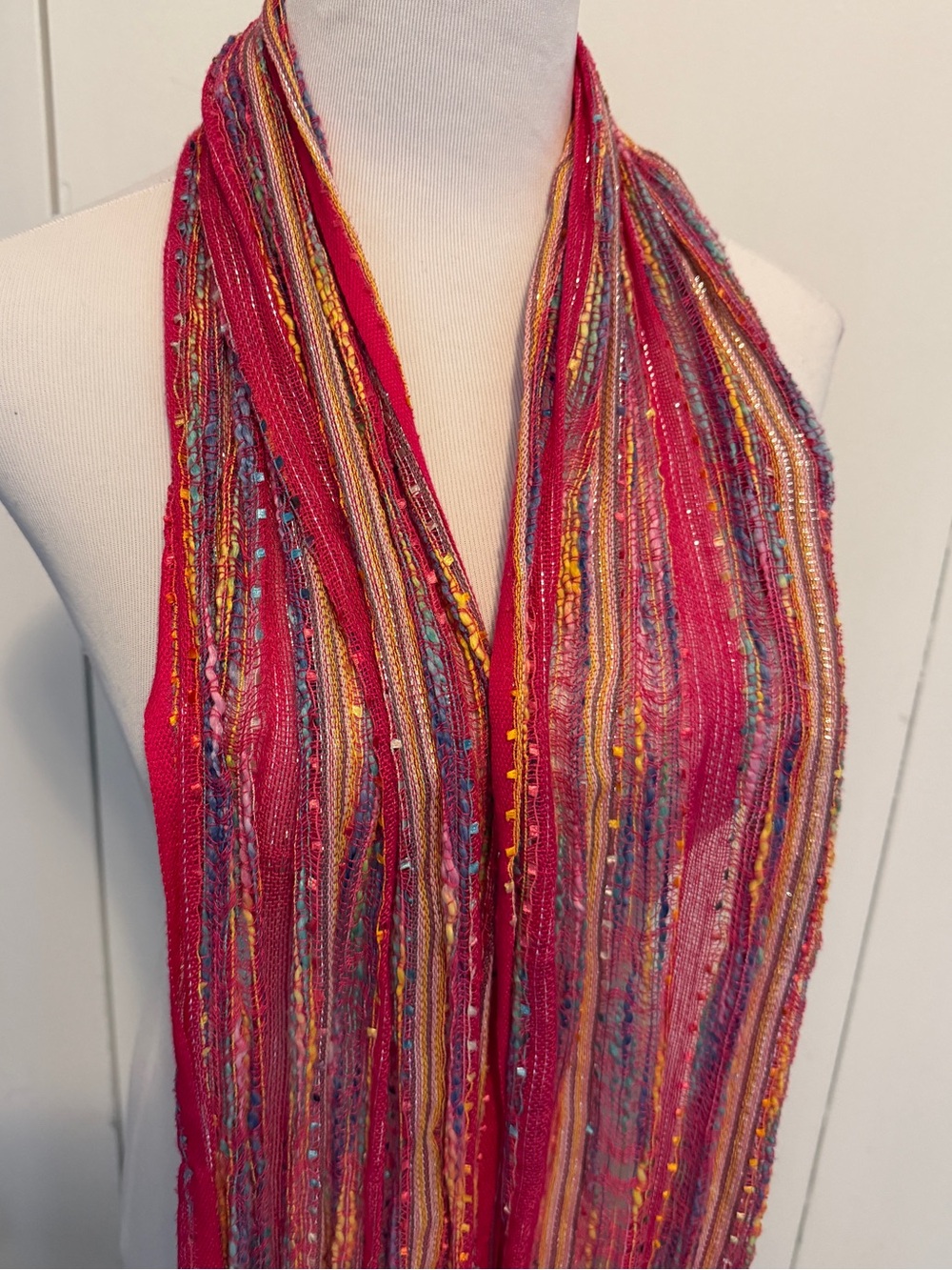 Pink Multicolor Fringe Scarf - Lightweight - Picture 6 of 10